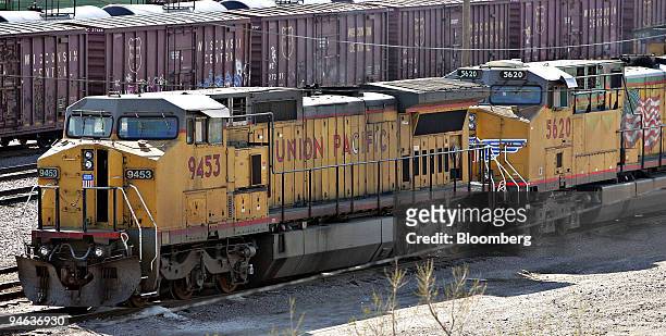 Union Pacific locomotive sits in a freight yard in Melrose Park, Illinois, Saturday, April 21, 2007. Omaha, Nebraska-based Union Pacific Corp., the...