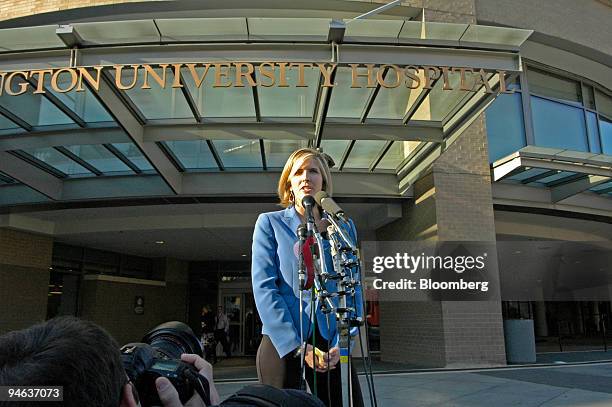 Heather Bancroft, spokeswoman for George Washington University Hospital, delivers a statement to the media outside the hospital in Washington, D.C....