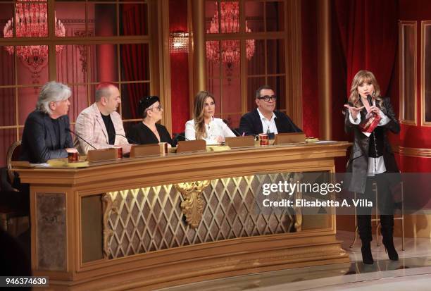 Jury's members Ivan Zazzaroni, Fabio Canino, Carolyn Smith, Selvaggia Lucarelli, Guillermo Mariotto and presenter Milly Carlucci attend the Italian...