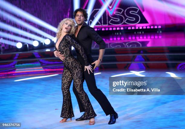 Actor Gabriel Garko and his dance partner Gioia Giovanatti perform on the Italian TV show 'Ballando Con Le Stelle' at RAI Auditorium on April 14,...