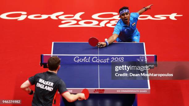 Sharath Achanta of India competes against Samuel Walker of England during Table Tennis Men's Singles Bronze Medal match between Sharath Achanta of...