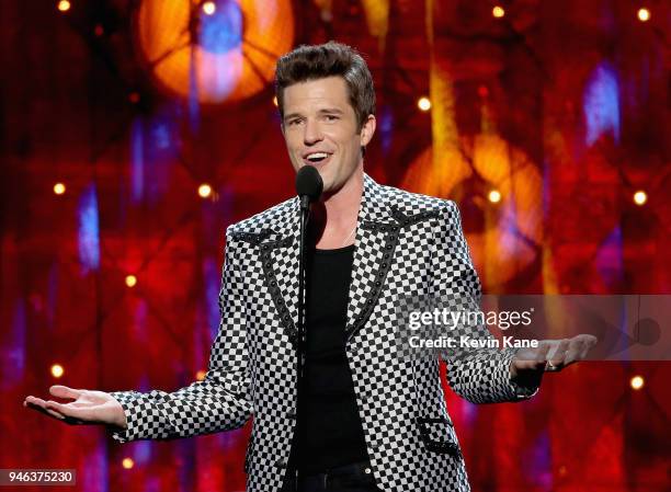 Musician Brandon Flowers speaks onstage during the 33rd Annual Rock & Roll Hall of Fame Induction Ceremony at Public Auditorium on April 14, 2018 in...