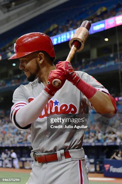 Crawford of the Philadelphia Phillies warms up prior to taking the plate during the top of the fifth inning on April 14, 2018 at Tropicana Field in...