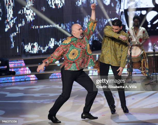 Italian beauty tutor Giovanni Ciacci and his dance partner Raimondo Todaro perform on the Italian TV show 'Ballando Con Le Stelle' at RAI Auditorium...