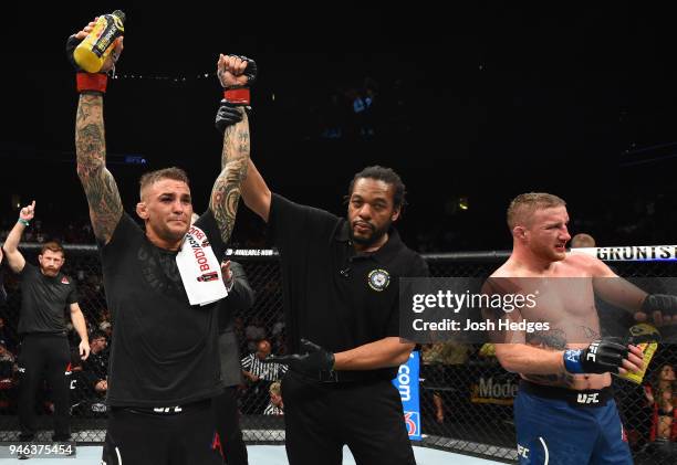 Dustin Poirier celebrates his victory over Justin Gaethje in their lightweight fight during the UFC Fight Night event at the Gila Rivera Arena on...