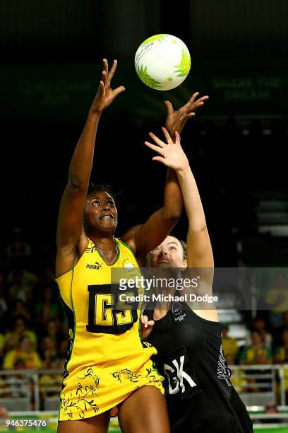 Romelda Aiken of Jamaica leaps for the ball during the Netball Bronze Medal Match on day 11 of the Gold Coast 2018 Commonwealth Games at Coomera...