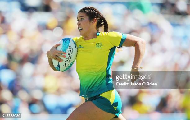 Australia's Charlotte Kaslick in action against Canada in the Women's Semi Finals during Rugby Sevens on day 11 of the Gold Coast 2018 Commonwealth...