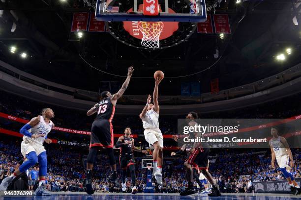 Justin Anderson of the Philadelphia 76ers shoots the ball against the Miami Heat in game one of round one of the 2018 NBA Playoffs on April 14, 2018...