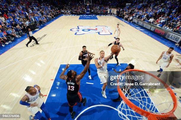 Justin Anderson of the Philadelphia 76ers shoots the ball against the Miami Heat in game one of round one of the 2018 NBA Playoffs on April 14, 2018...