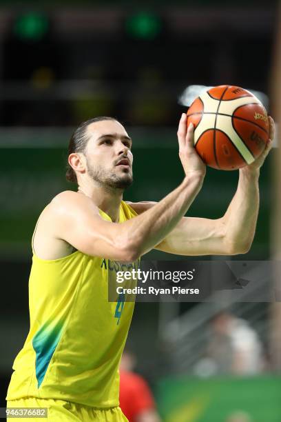 Australia guard/forward Chris Goulding shoots during the Men's Gold Medal Basketball Game between Australia and Canada on day 11 of the Gold Coast...