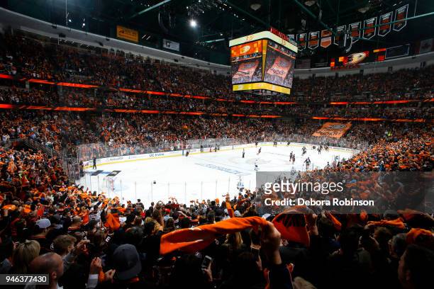 Anaheim Ducks fans wave playoff towels prior to Game Two of the Western Conference First Round against the San Jose Sharks during the 2018 NHL...