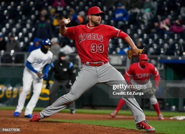 Jim Johnson of the Los Angeles Angels of Anaheim throws in the seventh inning against the Kansas City Royals at Kauffman Stadium on April 14, 2018 in...