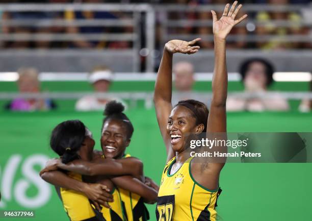 Stacian Facey of Jamaica celebrates victory in the Netball Bronze Medal Match on day 11 of the Gold Coast 2018 Commonwealth Games at Coomera Indoor...