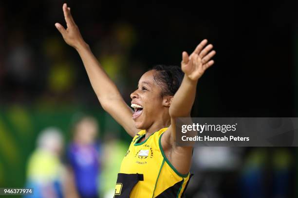 Adean Thomas of Jamaica celebrates victory in the Netball Bronze Medal Match on day 11 of the Gold Coast 2018 Commonwealth Games at Coomera Indoor...