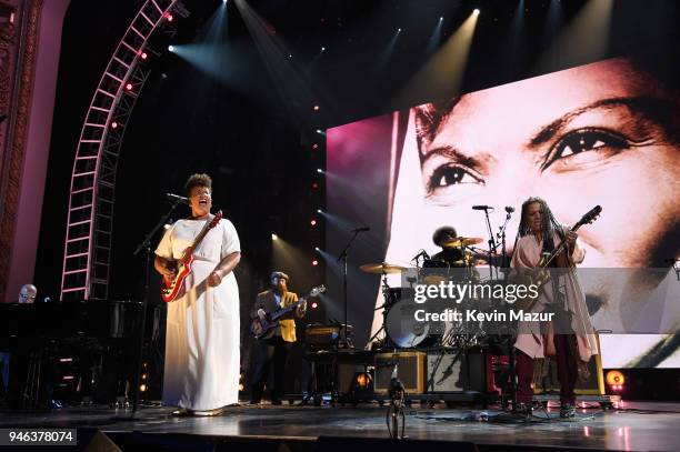 Musicians Brittany Howard, Questlove and Felicia Collins pay tribute to Sister Rosetta Tharpe during the 33rd Annual Rock & Roll Hall of Fame...