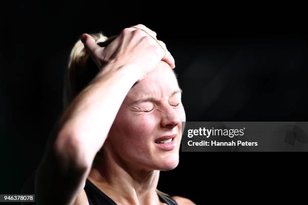 Katrina Grant of New Zealand looks dejected following the Netball Bronze Medal Match on day 11 of the Gold Coast 2018 Commonwealth Games at Coomera...