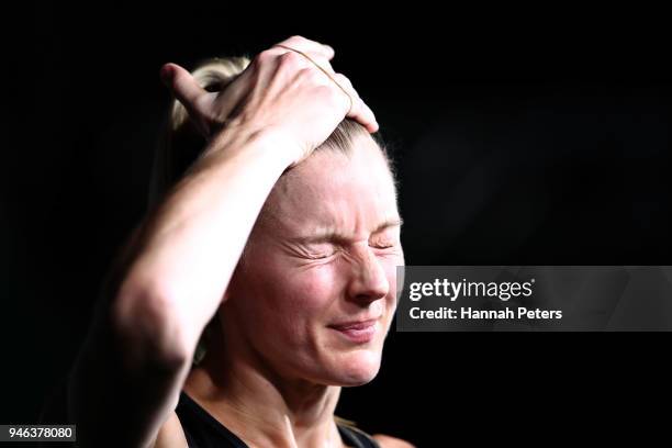 Katrina Grant of New Zealand looks dejected following the Netball Bronze Medal Match on day 11 of the Gold Coast 2018 Commonwealth Games at Coomera...