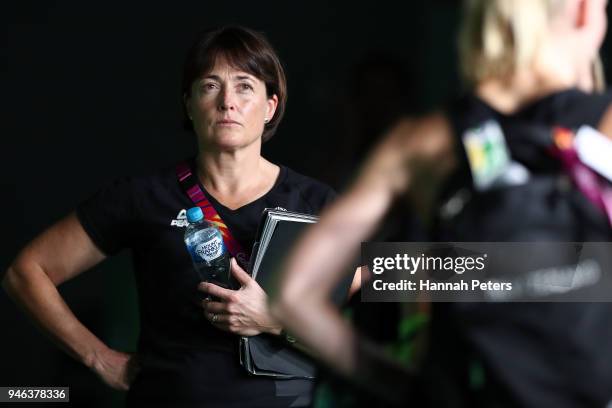 New Zealand coach Janine Southby looks dejected following the Netball Bronze Medal Match on day 11 of the Gold Coast 2018 Commonwealth Games at...