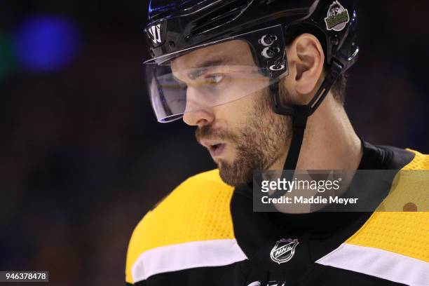 Adam McQuaid of the Boston Bruins looks on during the second period of Game Two of the Eastern Conference First Round against the Toronto Maple Leafs...