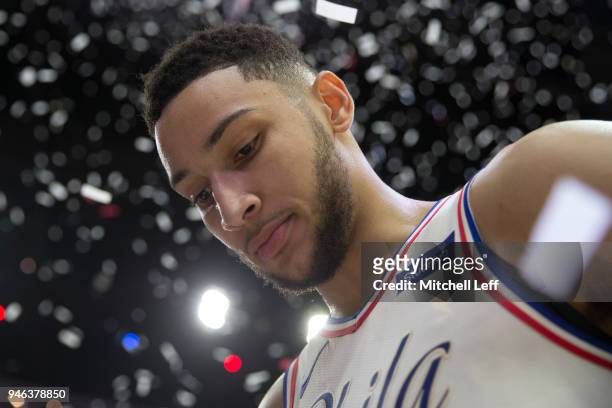 Ben Simmons of the Philadelphia 76ers looks on after Game One of the first round of the 2018 NBA Playoff against the Miami Heat at Wells Fargo Center...