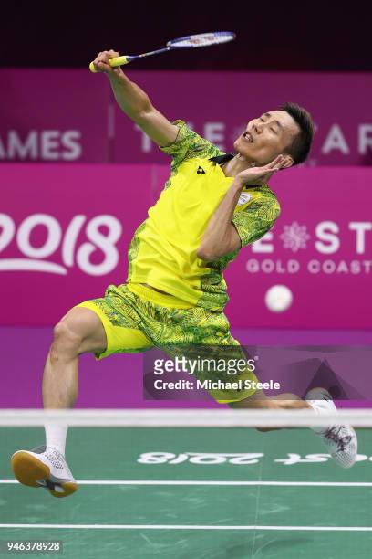 Lee Chong Wei of Malaysia competes during the men's singles final match against Srikanth Kidambi of India during Badminton on day 11 of the Gold...