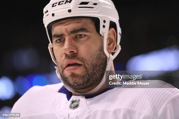 Roman Polak of the Toronto Maple Leafs looks on during the first period of Game Two of the Eastern Conference First Round against the Boston Bruins...