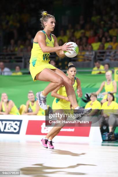 Gabi Simpson of Australia in action during the Netball Gold Medal Match on day 11 of the Gold Coast 2018 Commonwealth Games at Coomera Indoor Sports...