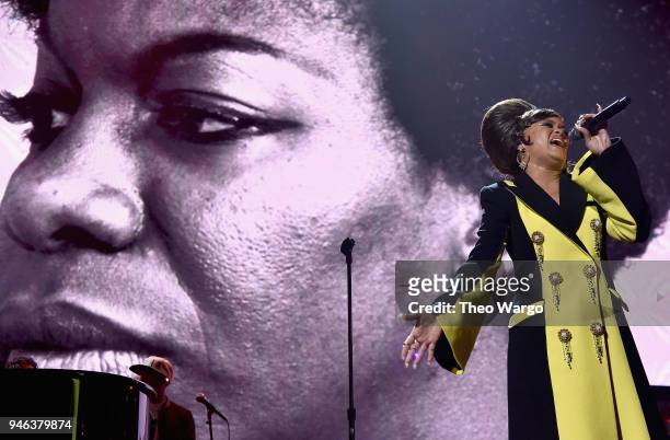 Recording artist Andra Day pays tribute to Nina Simone during the 33rd Annual Rock & Roll Hall of Fame Induction Ceremony at Public Auditorium on...