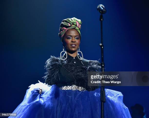 Recording artist Lauryn Hill pays tribute to Nina Simone during the 33rd Annual Rock & Roll Hall of Fame Induction Ceremony at Public Auditorium on...