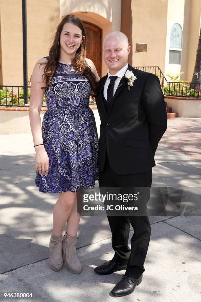 Leah Lane and Alex Washer attend the wedding of Stefany Ornelas and Alex Washer at St. Martha Parish on April 14, 2018 in Huntington Park, California.