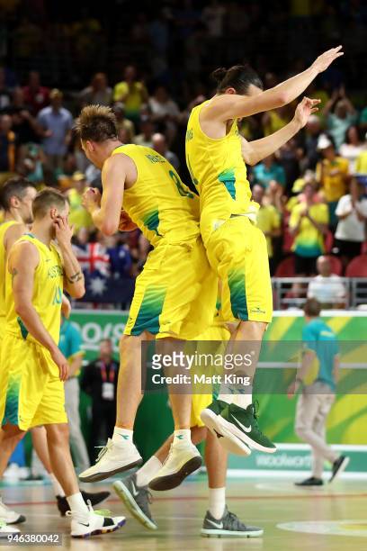 Australia forward Brad Newley and Australia guard/forward Chris Goulding celebrate winning gold in the Men's Gold Medal Basketball Game between...