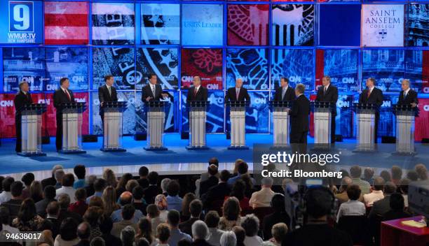 Presidential hopefuls, from left to right, U.S. Representative Tom Tancredo of Colorado, Wisconsin Governor Tommy Thompson, Senator Sam Brownback of...