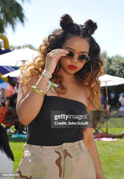 Singer/songwriter H.E.R. Attends the FentyXPUMA Drippin event launching the Summer '18 collection at Coachella on April 14, 2018 in Thermal,...