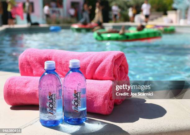 AQUAhydrate displayed at the pool during the FentyXPUMA Drippin event launching the Summer '18 collection at Coachella on April 14, 2018 in Thermal,...