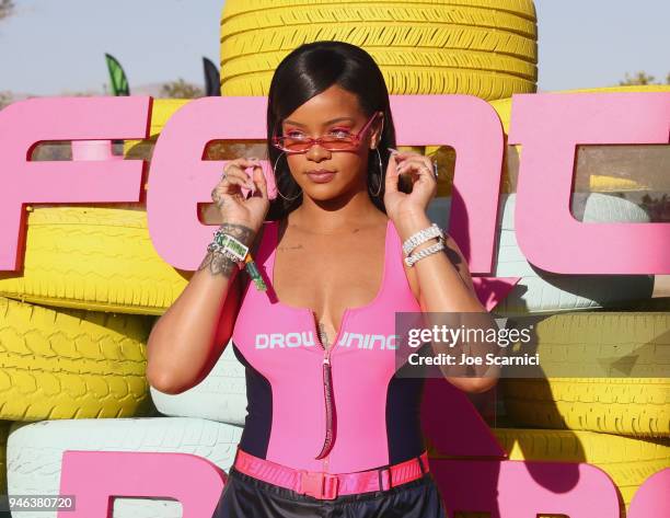 Rihanna attends the FentyXPUMA Drippin event launching the Summer '18 collection at Coachella on April 14, 2018 in Thermal, California.