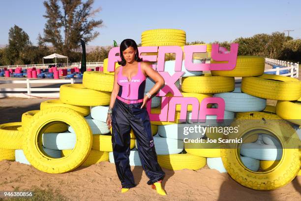 Rihanna attends the FentyXPUMA Drippin event launching the Summer '18 collection at Coachella on April 14, 2018 in Thermal, California.