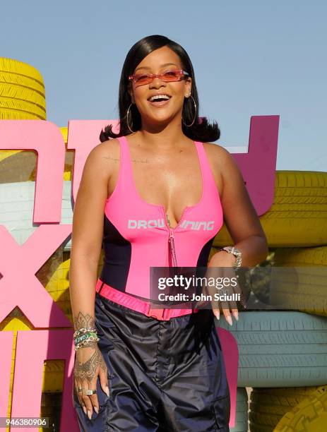 Rihanna attends the FentyXPUMA Drippin event launching the Summer '18 collection at Coachella on April 14, 2018 in Thermal, California.