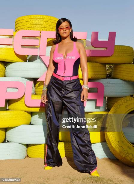 Rihanna attends the FentyXPUMA Drippin event launching the Summer '18 collection at Coachella on April 14, 2018 in Thermal, California.