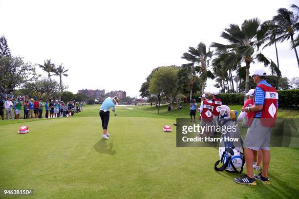 Brooke Henderson of Canada hits a tee shot on the 18th hole on her way to winning the LPGA LOTTE Championship by four strokes at the Ko Olina Golf...