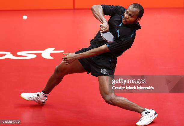 Quadri Aruna of Nigeria plays a shot in the Men's Singles Gold Medal Match against Ning Gao of Singapore during Table Tennis on day 11 of the Gold...
