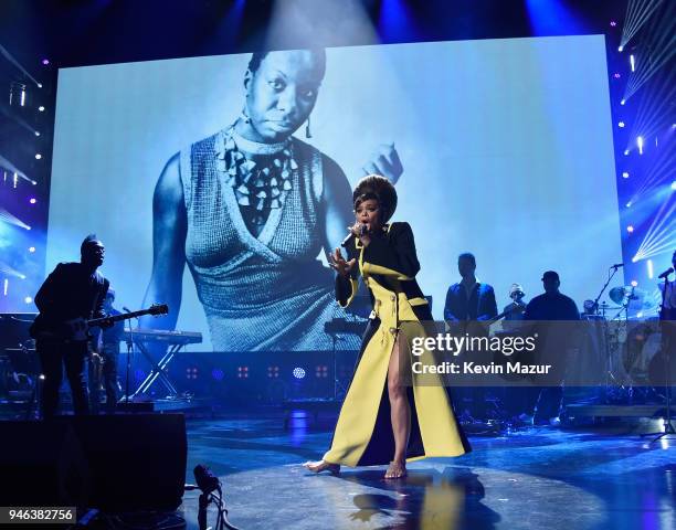 Recording artist Andra Day pays tribute to Nina Simone during the 33rd Annual Rock & Roll Hall of Fame Induction Ceremony at Public Auditorium on...