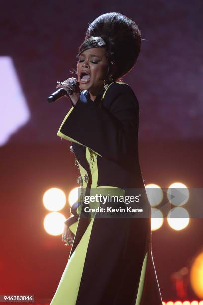 Recording artist Andra Day pays tribute to Nina Simone during the 33rd Annual Rock & Roll Hall of Fame Induction Ceremony at Public Auditorium on...