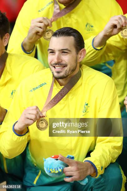 Australia guard/forward Chris Goulding celebrates winning gold during the medal ceremony for the Men's Gold Medal Basketball Game between Australia...