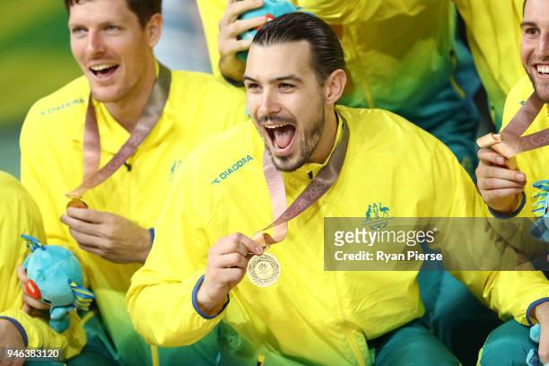Australia guard/forward Chris Goulding celebrates winning gold during the medal ceremony for the Men's Gold Medal Basketball Game between Australia...
