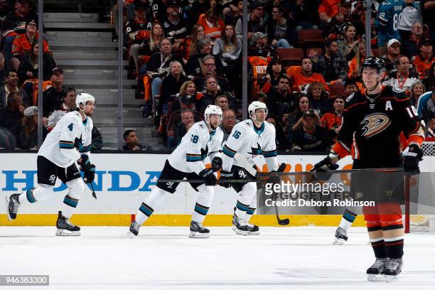Melker Karlsson, Eric Fehr and Brenden Dillon of the San Jose Sharks celebrate a second period goal against Corey Perry and the Anaheim Ducks in Game...