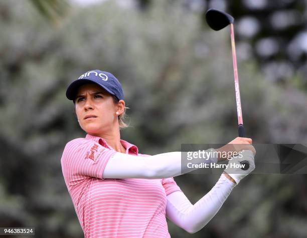 Azahara Munoz of Spain hits a tee shot on the 18th hole during the fourth round of the LPGA LOTTE Championship at the Ko Olina Golf Club on April 14,...