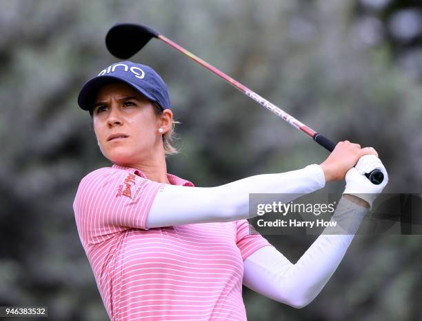 Azahara Munoz of Spain hits a tee shot on the 18th hole during the fourth round of the LPGA LOTTE Championship at the Ko Olina Golf Club on April 14,...