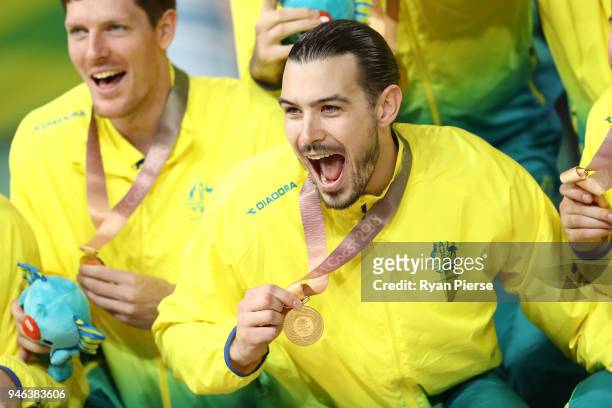 Australia guard/forward Chris Goulding celebrates winning gold during the medal ceremony for the Men's Gold Medal Basketball Game between Australia...