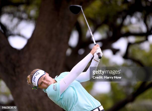 Brooke Henderson of Canada hits driver on the 17th hole on her way to a four shot victory to win the LPGA LOTTE Championship at the Ko Olina Golf...