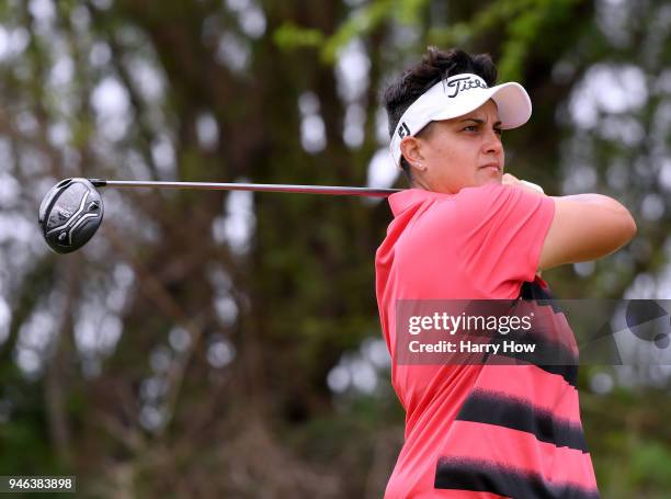 Daniela Iacobelli hits a tee shot on the fifth hole during the fourth round of the LPGA LOTTE Championship at the Ko Olina Golf Club on April 14,...